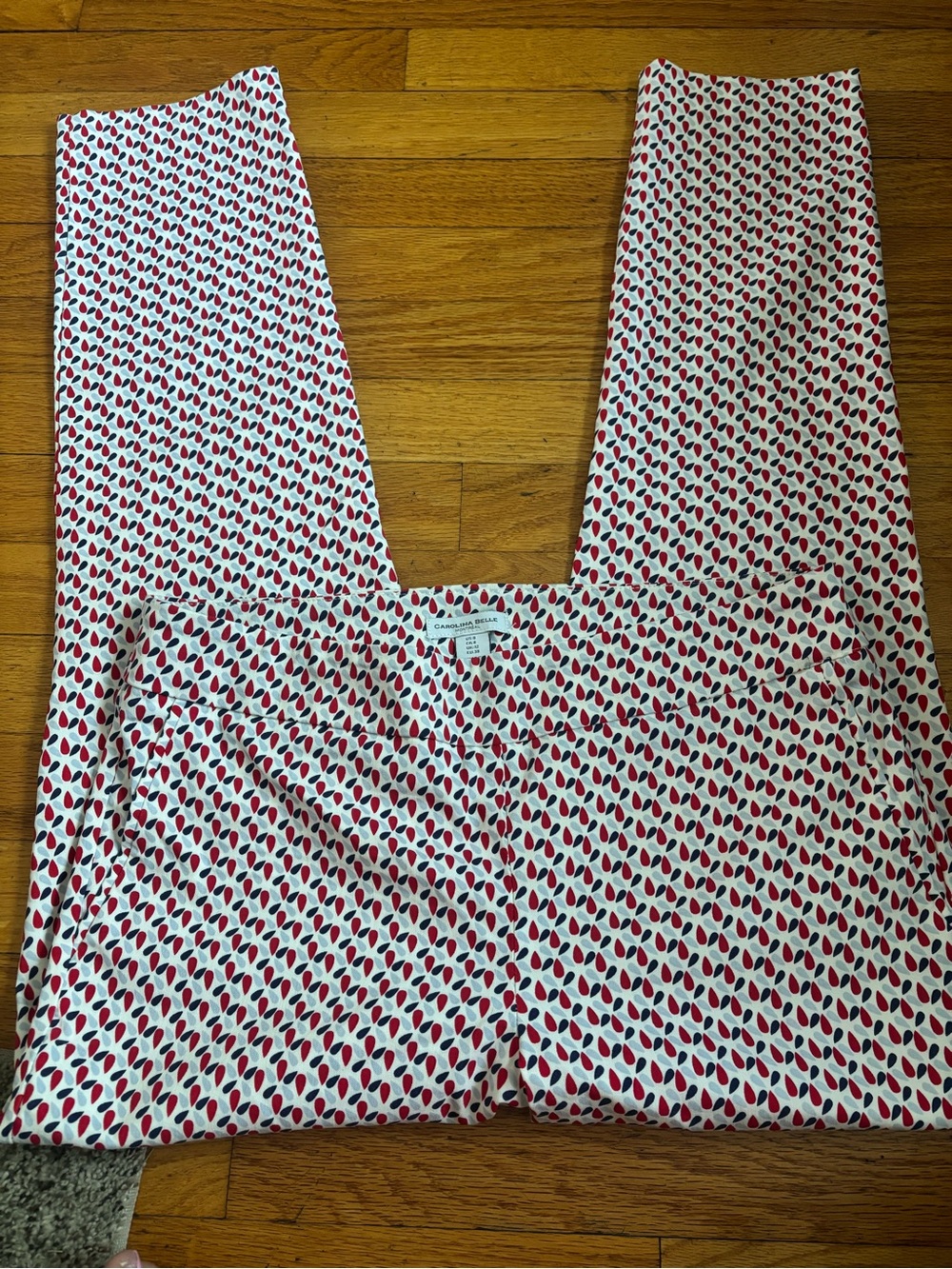 Carolina Belle White Pants with Red and Blue (dark and light) Teardrop Print